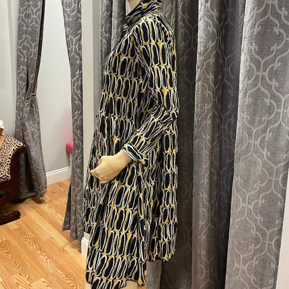 NWT XS Tulip Black/White/Mustard Print Button-Down Dress - Picture 2 of 5